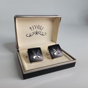 Vtg 80s Tivoli Cufflinks Black & Silver Square Snowflake Star In Original Case